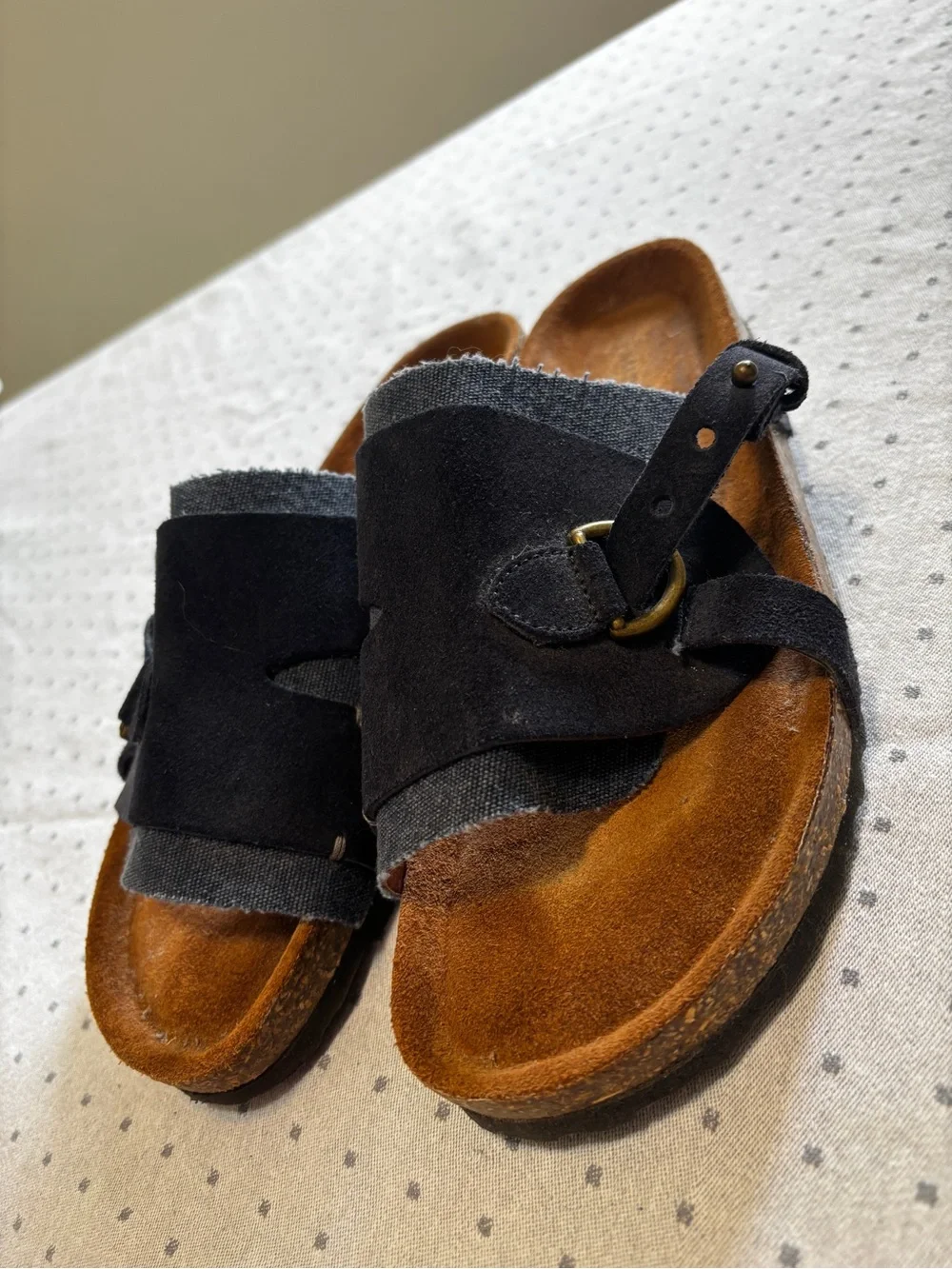 Sundance Navy Suede Denim Cork Slide Sandal Bronze Buckle Birkenstock Style NEW